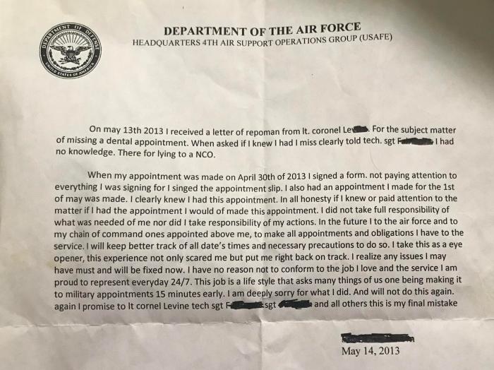 Letter of reprimand example air force