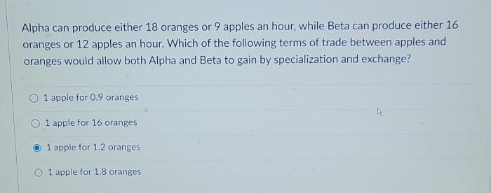 Alpha can produce either 18 oranges