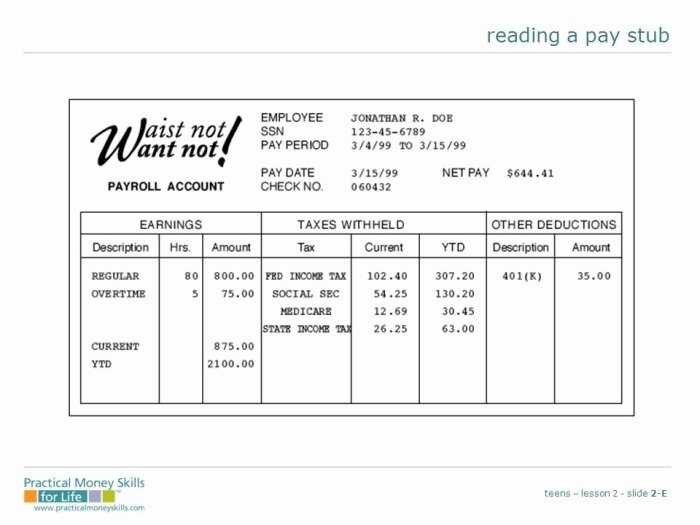 Reading a pay stub worksheet answers