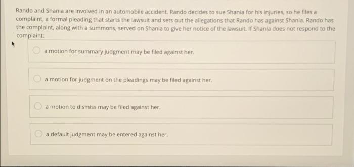 Rando and shania are involved in an automobile accident