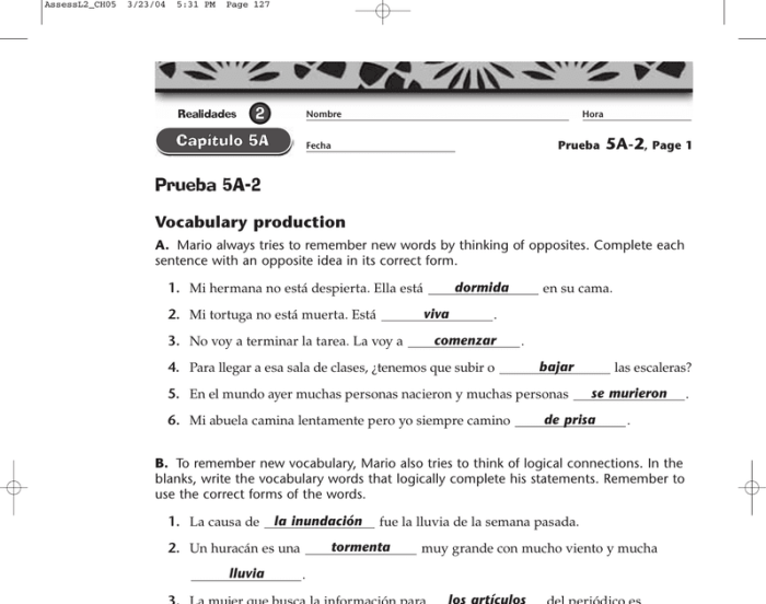 CapÃ­tulo 5a vocabulary flashcards sheet 1 answers