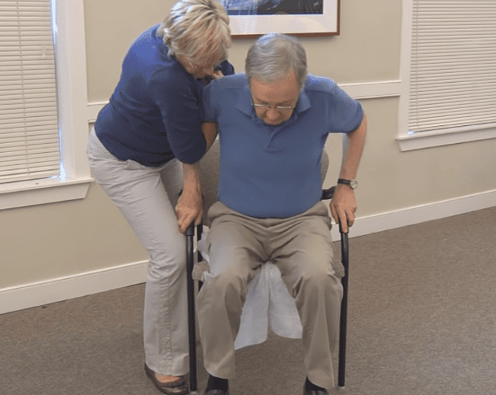 A geriatric patient is unsteady after ambulating from a chair