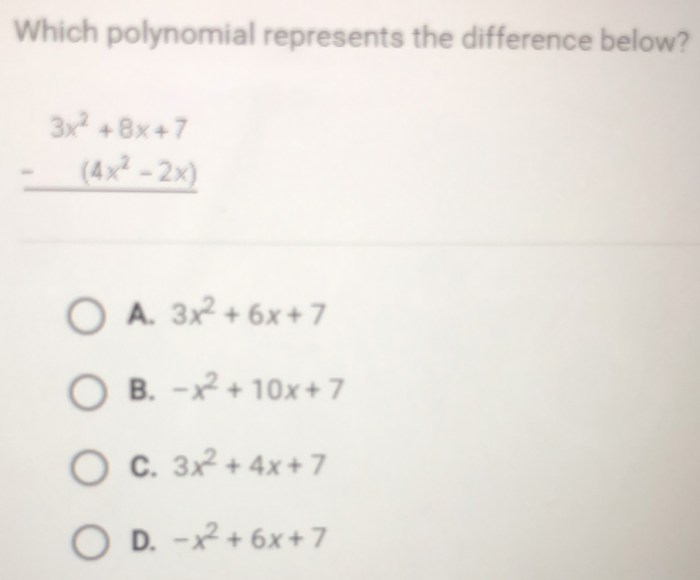 Which polynomial represents the difference below